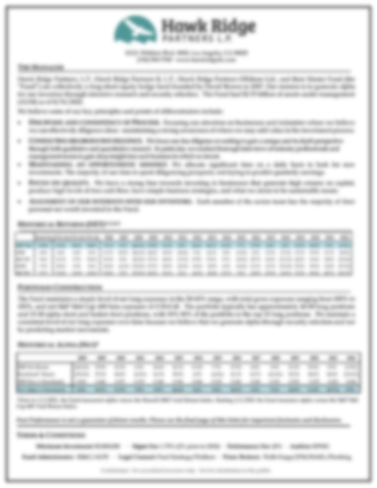 Hawk Ridge Partners L.P. Releases August 2022 Results