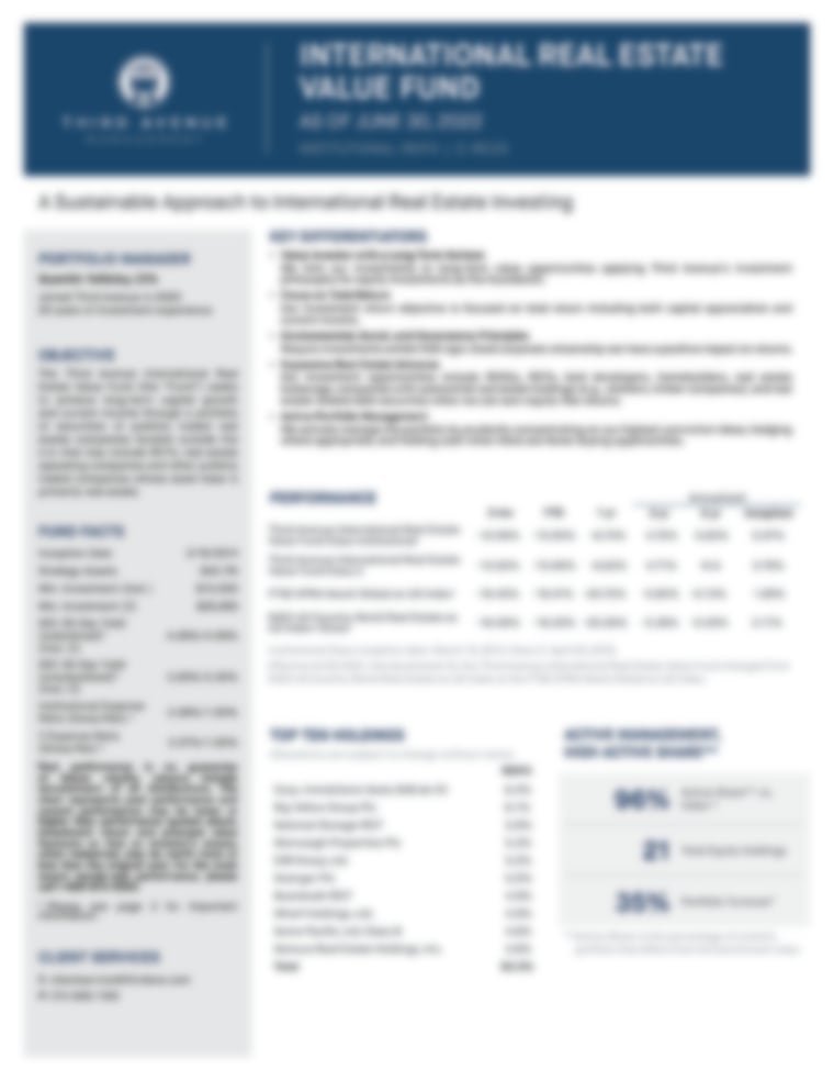 Third Avenue International Real Estate Value Fund (REIFX) - Performance Update June 30, 2022