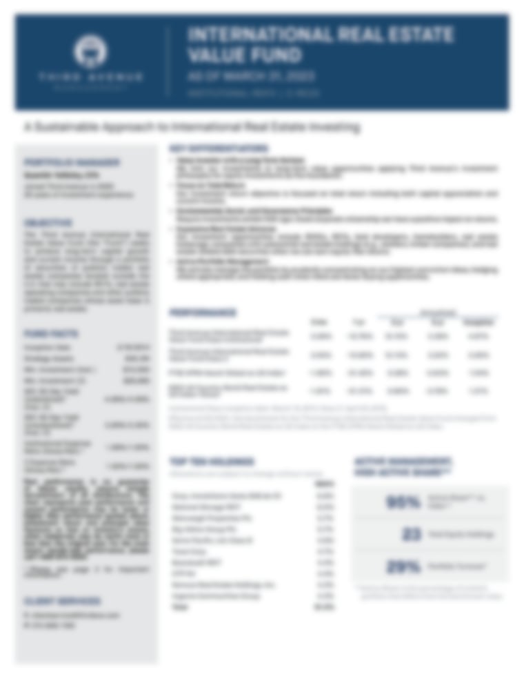 Third Avenue International Real Estate Value Fund (REIFX) - Performance Update March 31, 2023