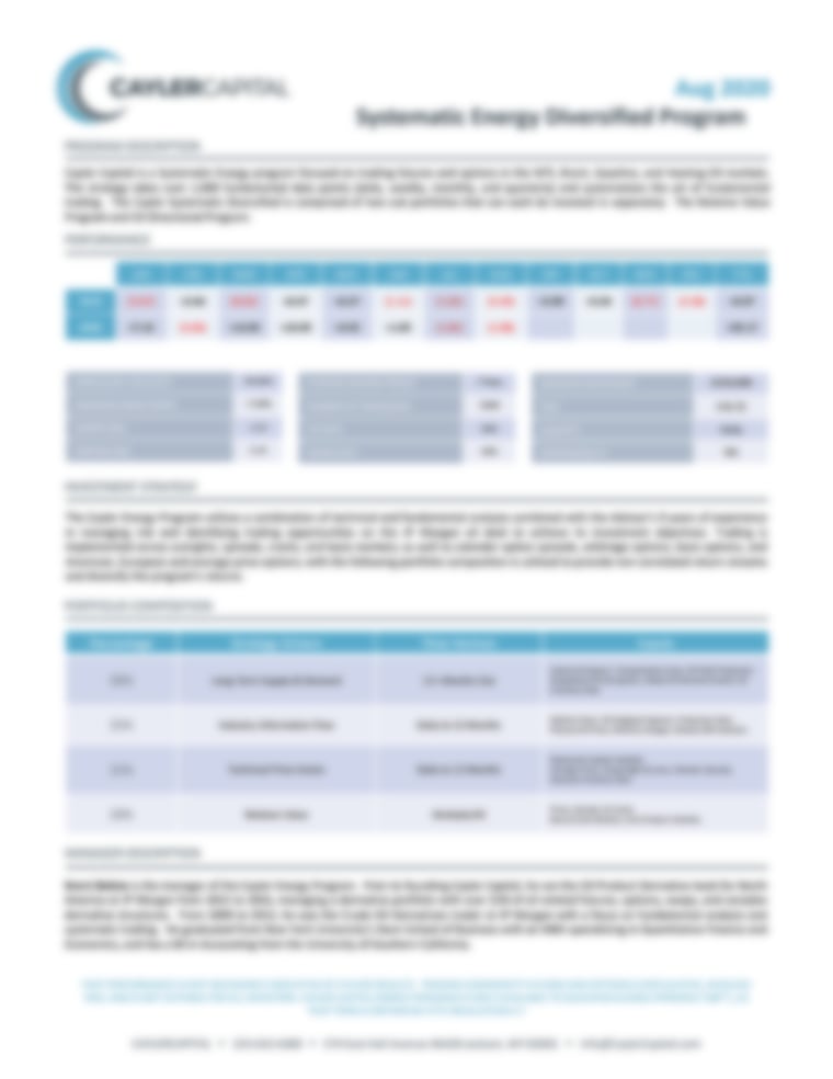 Cayler Systematic Energy Diversified Program - Performance Update August 2020