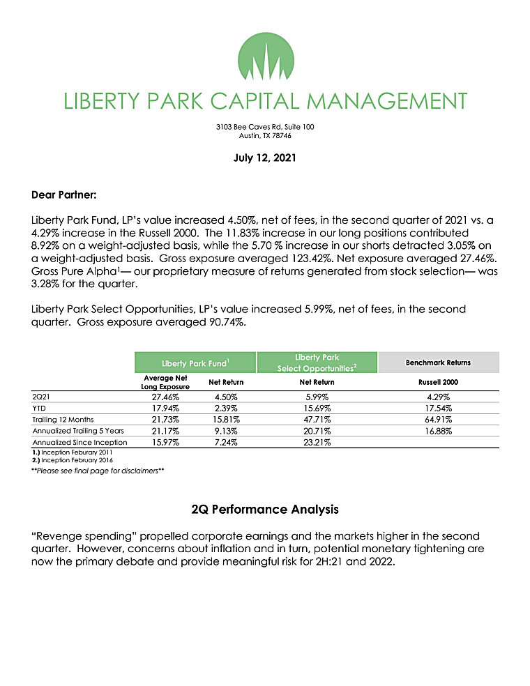 Liberty Park Fund LP Newsletter- 2Q 2021