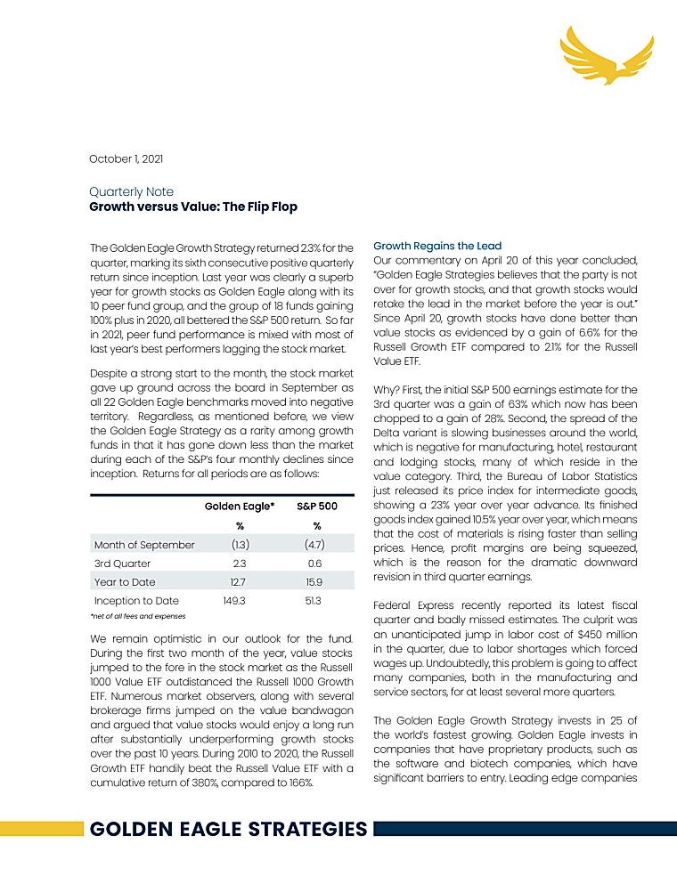 Q3 2021 Quarterly Note - Growth Vs. Value: The Flip Flop