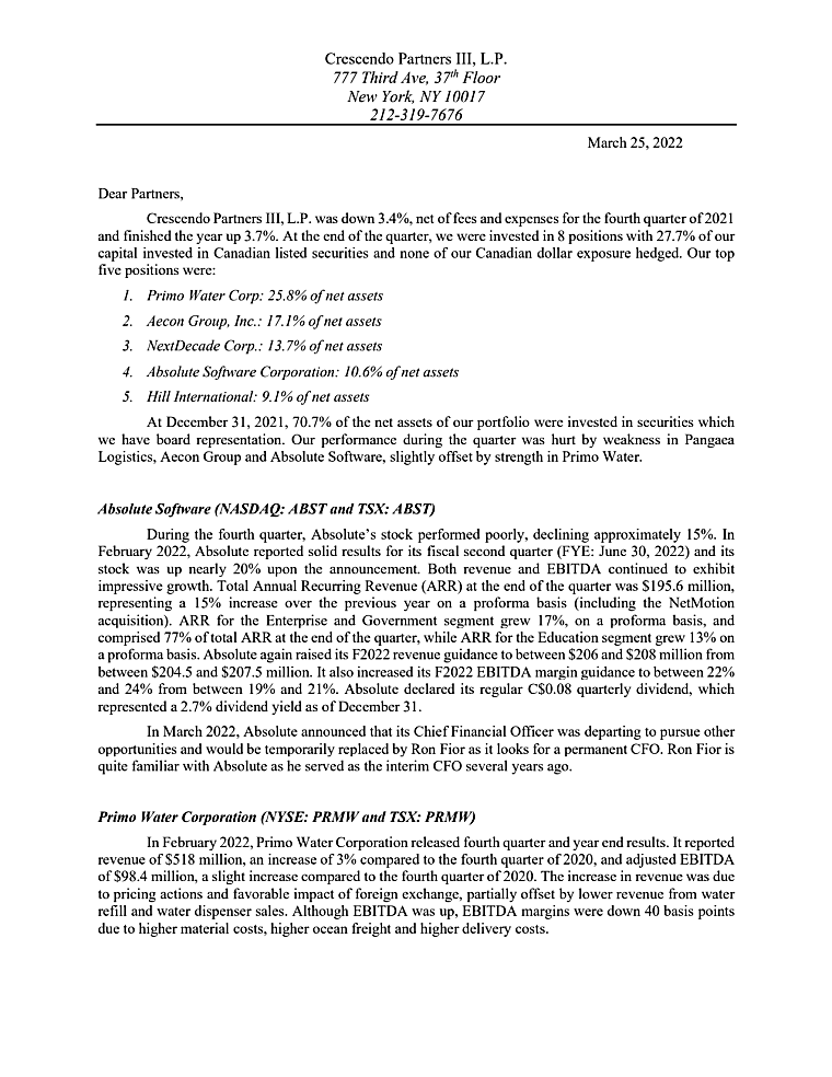 Crescendo Partners III - Q4 2021 Investor Letter