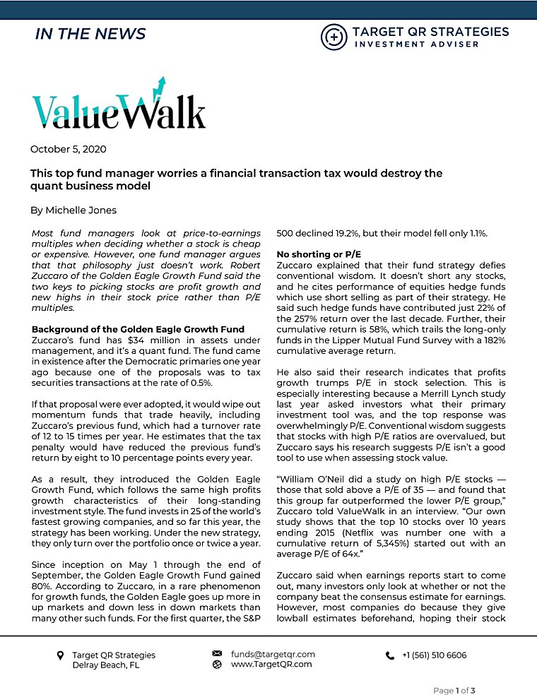 ValueWalk - This Top Fund Manager Worries A Financial Transaction Tax Would Destroy The Quant Business Model