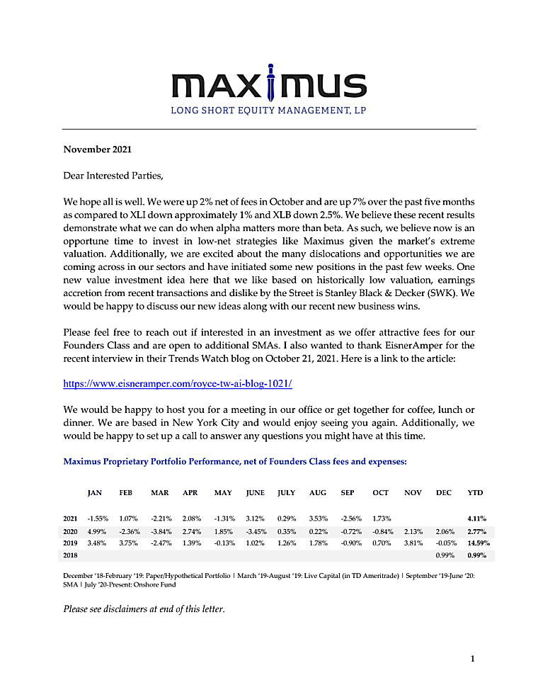 Maximus Long Short Equity Fund, L.P. - Investor Newsletter November 2021