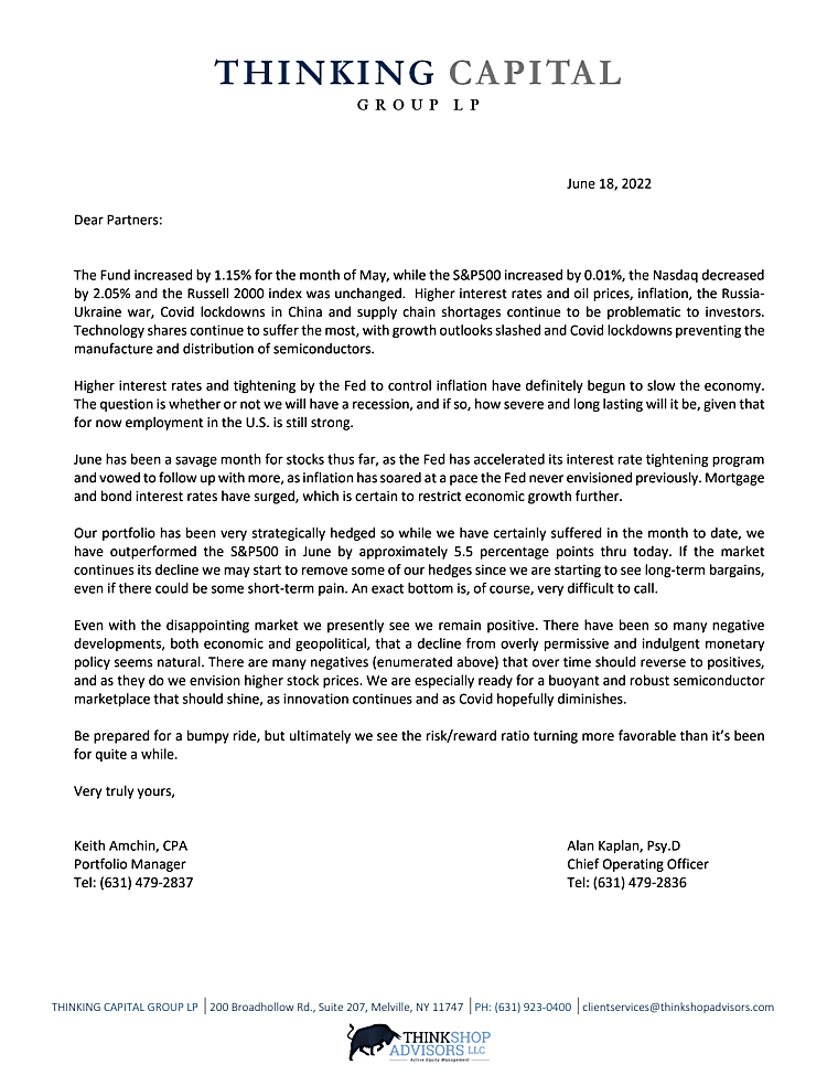 Thinking Capital Group LP - Investor Letter June 18, 2022