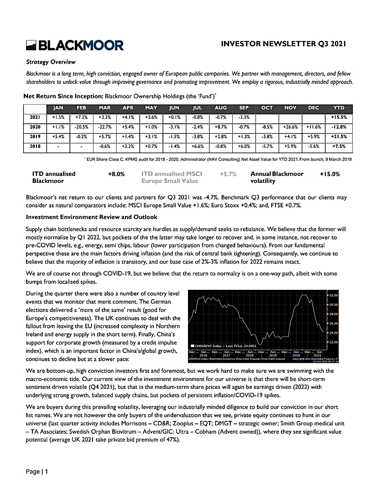 Blackmoor Ownership Holdings - Q3 2021 Investor Newsletter