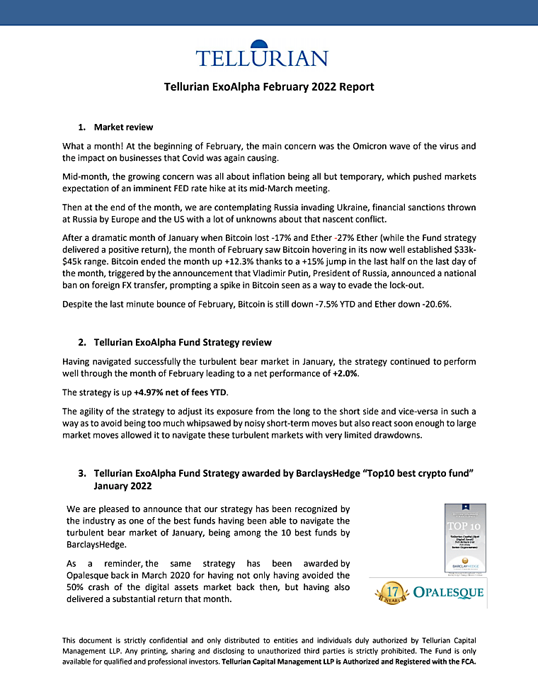 Tellurian ExoAlpha Systematic Digital Assets Strategy - February 2022 Newsletter