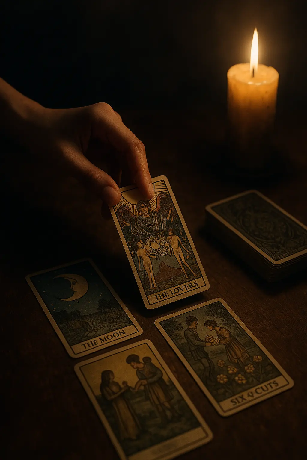 Trải bài tarot với lá The Lovers, biểu tượng cho sự kết nối tinh thần giữa hai linh hồn đang hướng về nhau