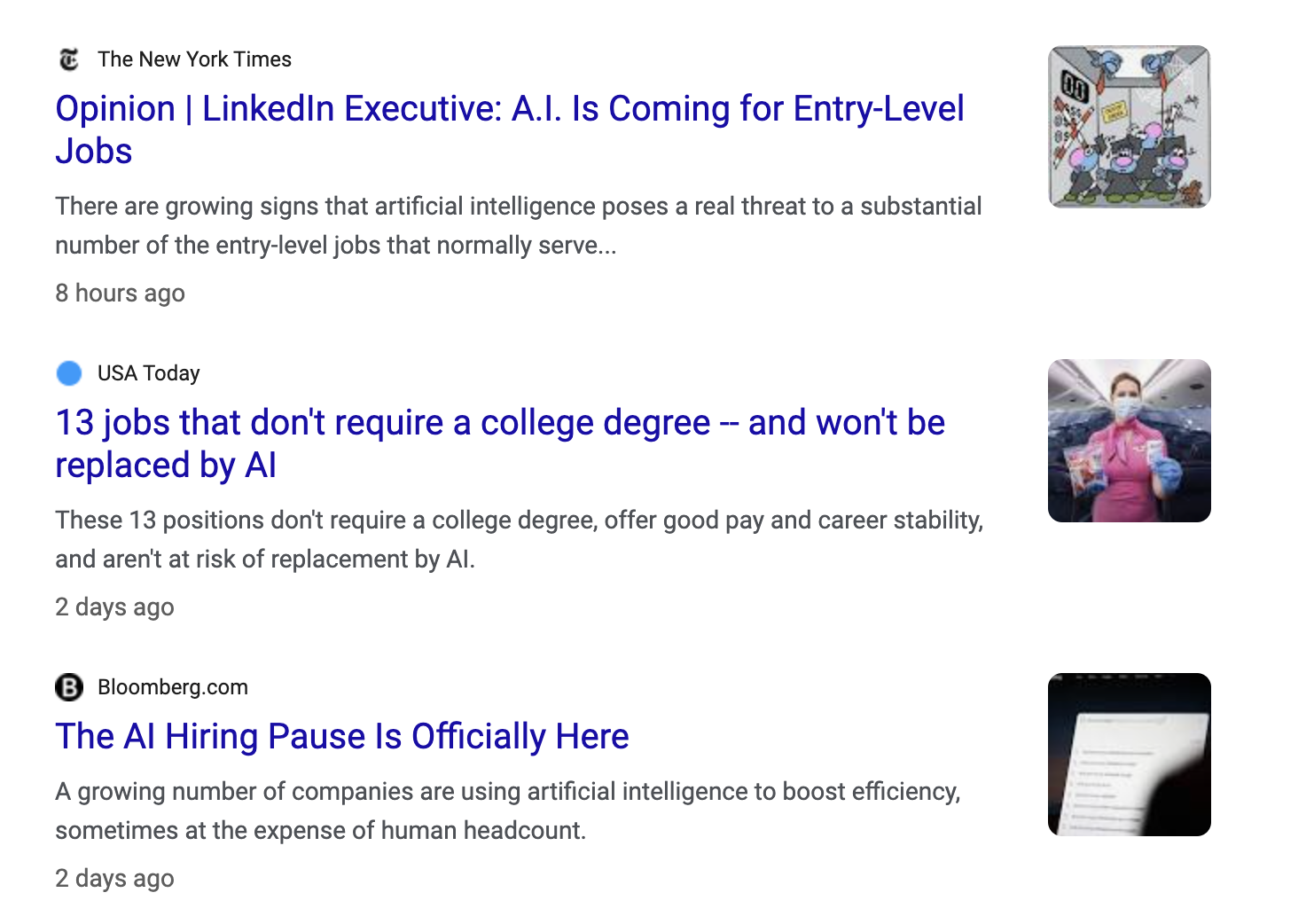 A screenshot of Google news feed showing alarming AI headlines