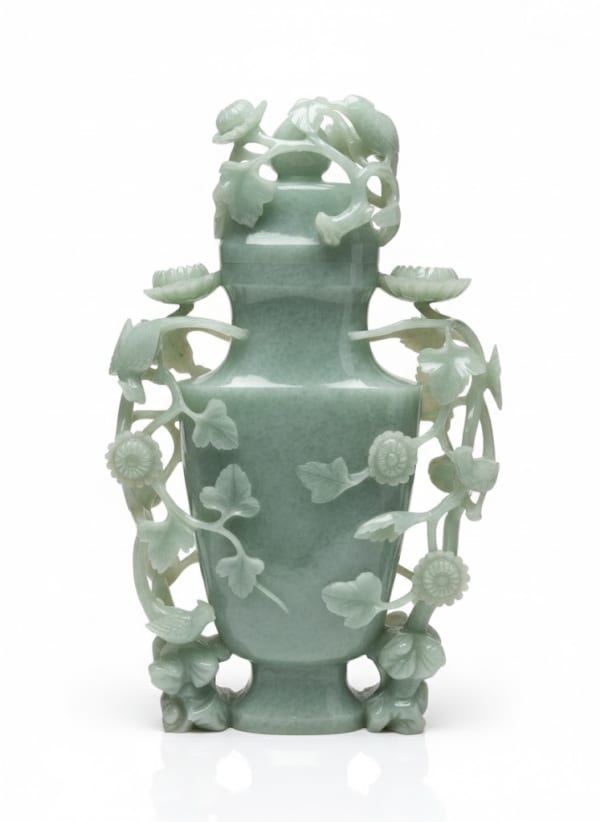035_Chinese Jadeite Carved Covered Vase