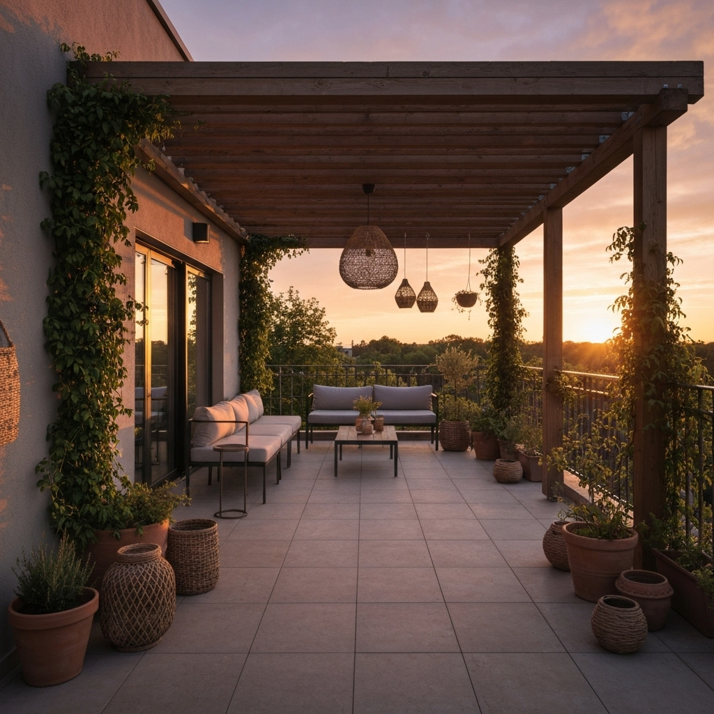 Terrasse décorée sous pergola avec éclairage et plantes grimpantes