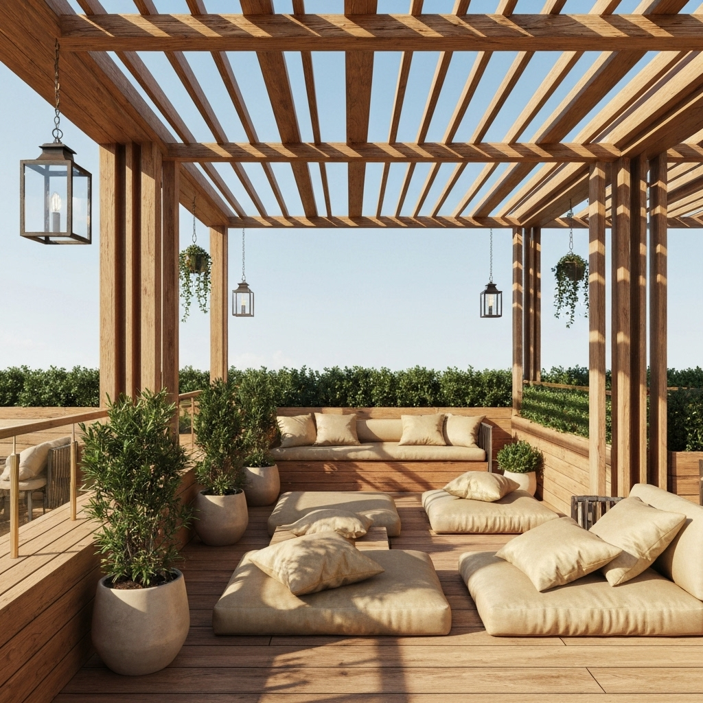 Déco terrasse sous pergola avec plantes et guirlandes
