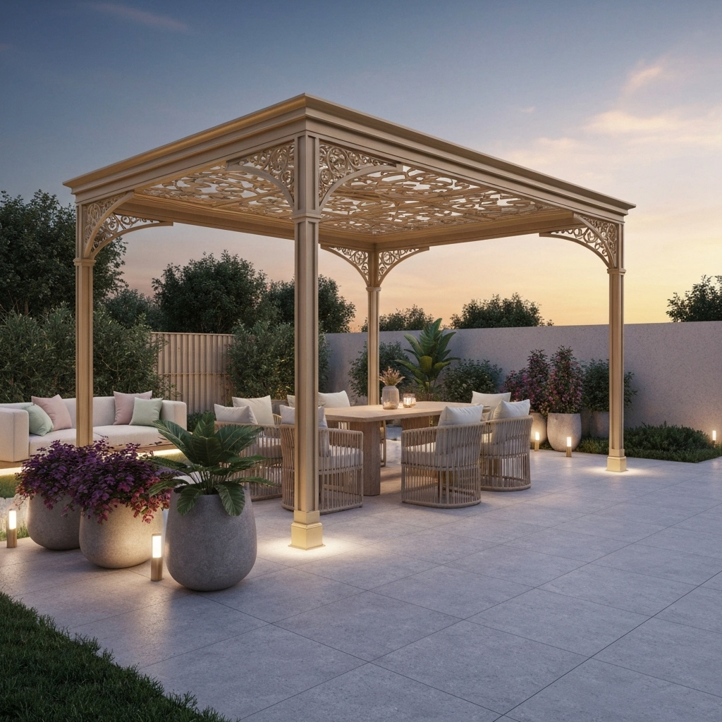 Coin détente extérieur avec mobilier et plantes sous pergola