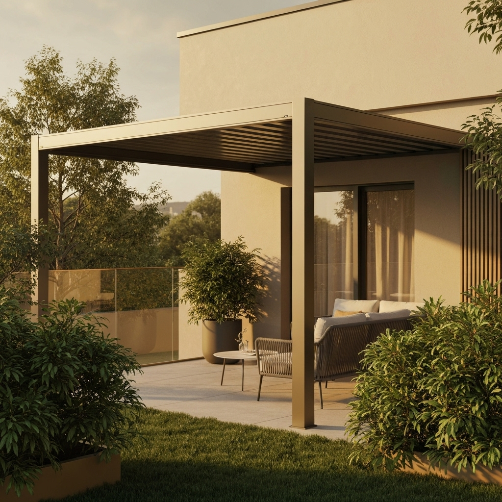 Terrasse moderne avec pergola sur mesure et store intégré