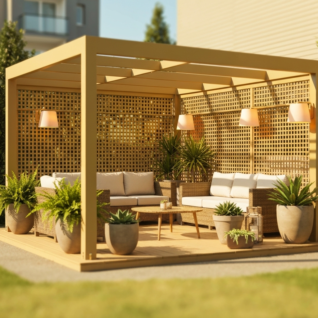 Vue d'une pergola autoportante moderne dans un grand jardin
