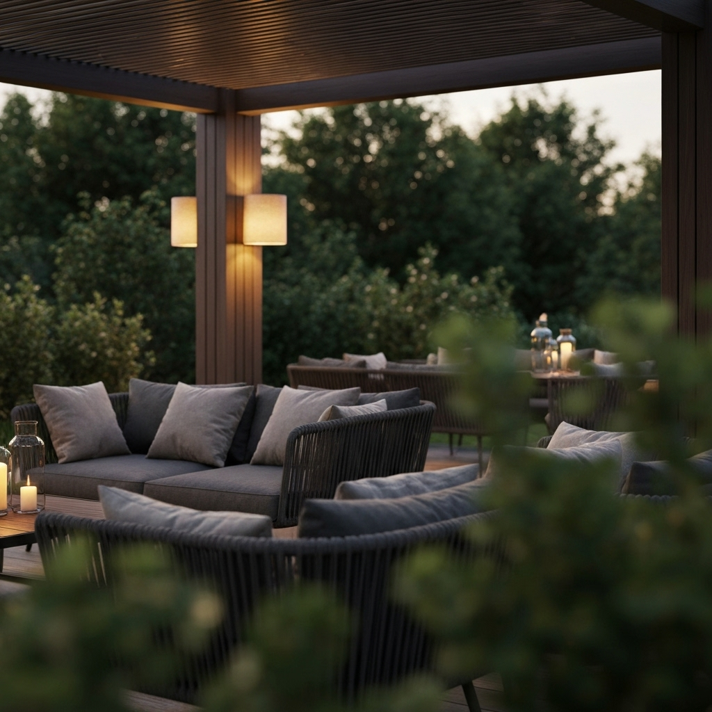 Mobilier et éclairage pour pergola dans un jardin moderne