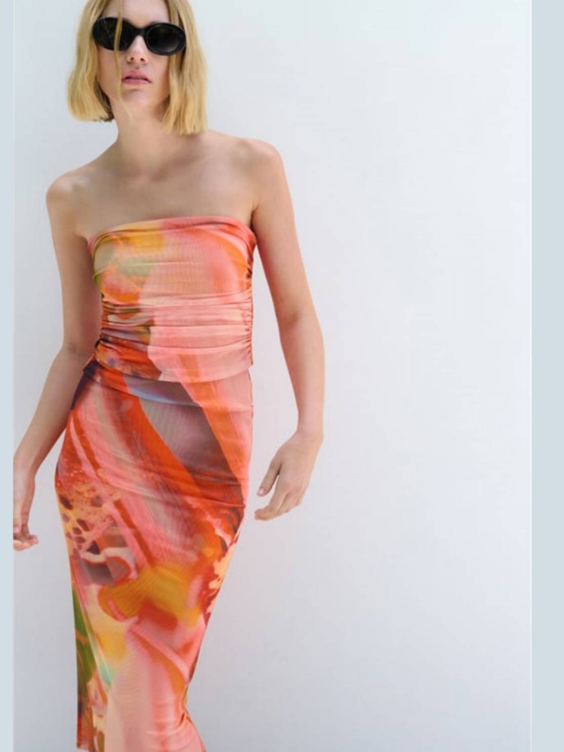 Slim Tube Top Dress With Pleated Printed Tulle