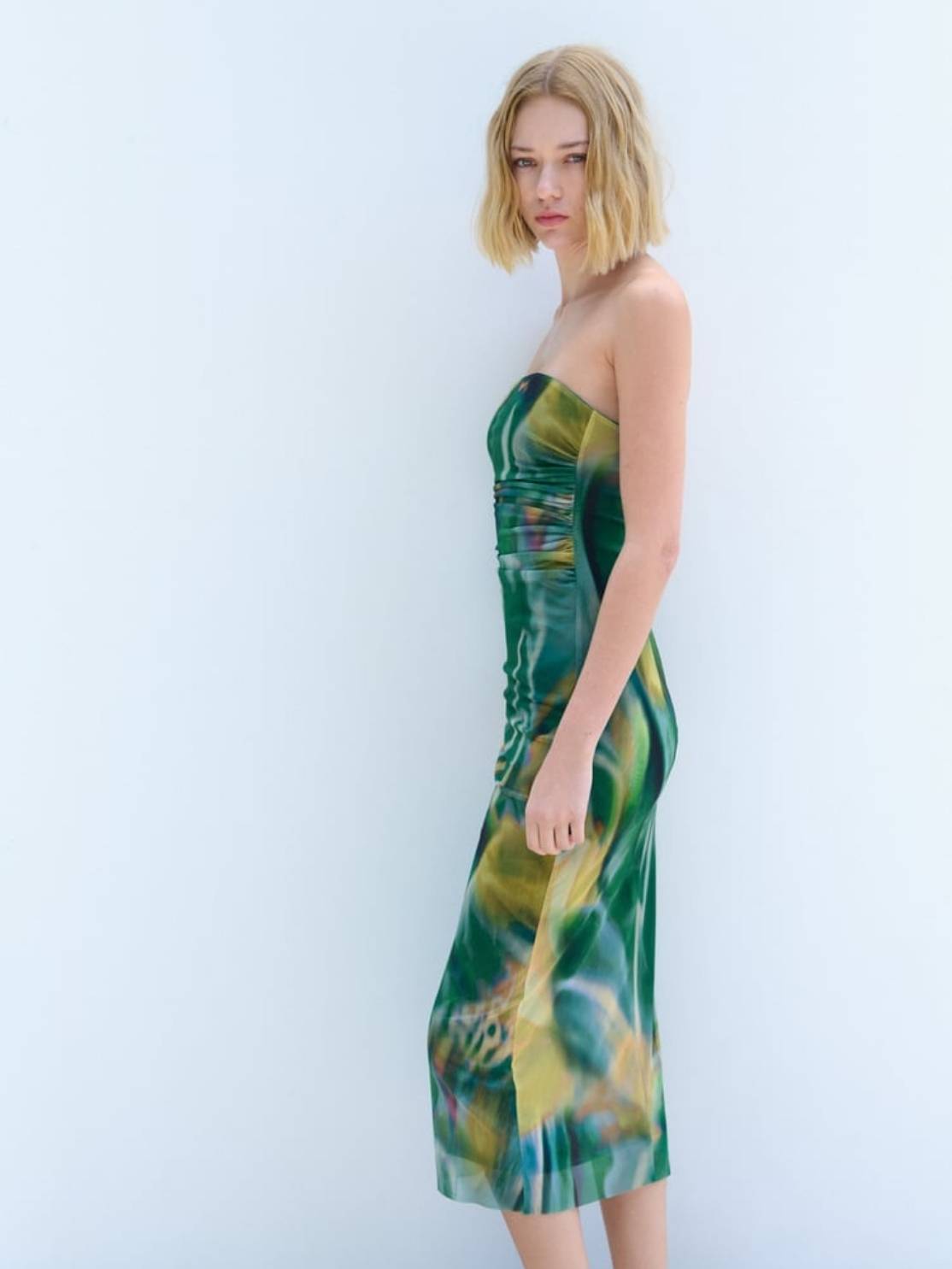 Slim Tube Top Dress With Pleated Printed Tulle