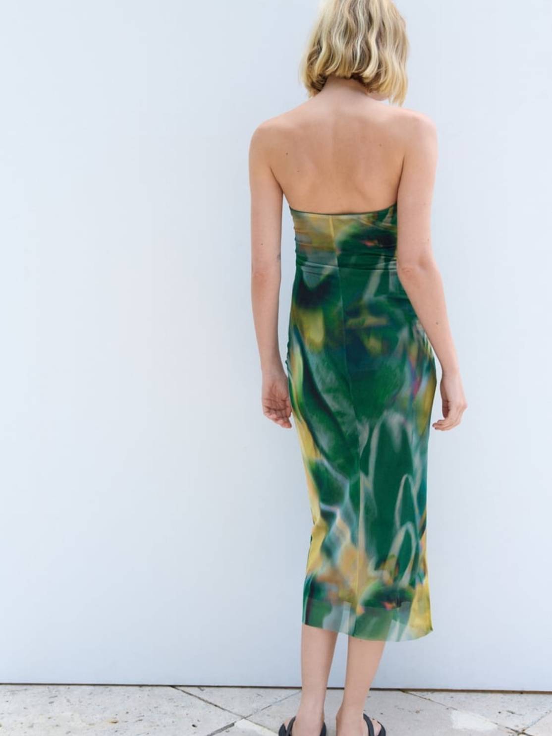 Slim Tube Top Dress With Pleated Printed Tulle