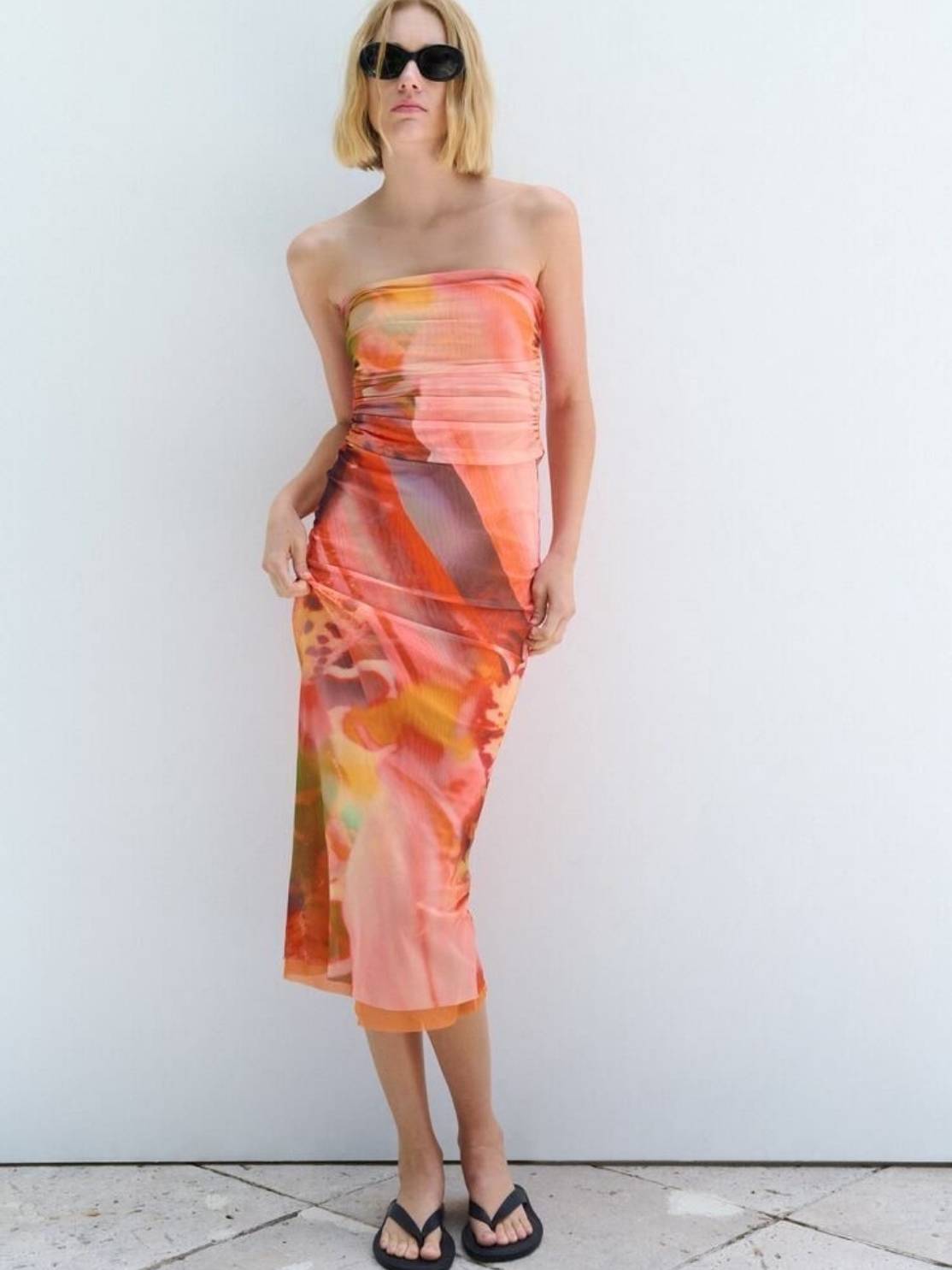 Slim Tube Top Dress With Pleated Printed Tulle