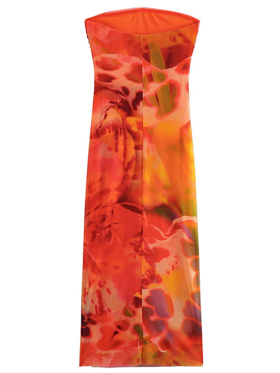 Slim Tube Top Dress With Pleated Printed Tulle