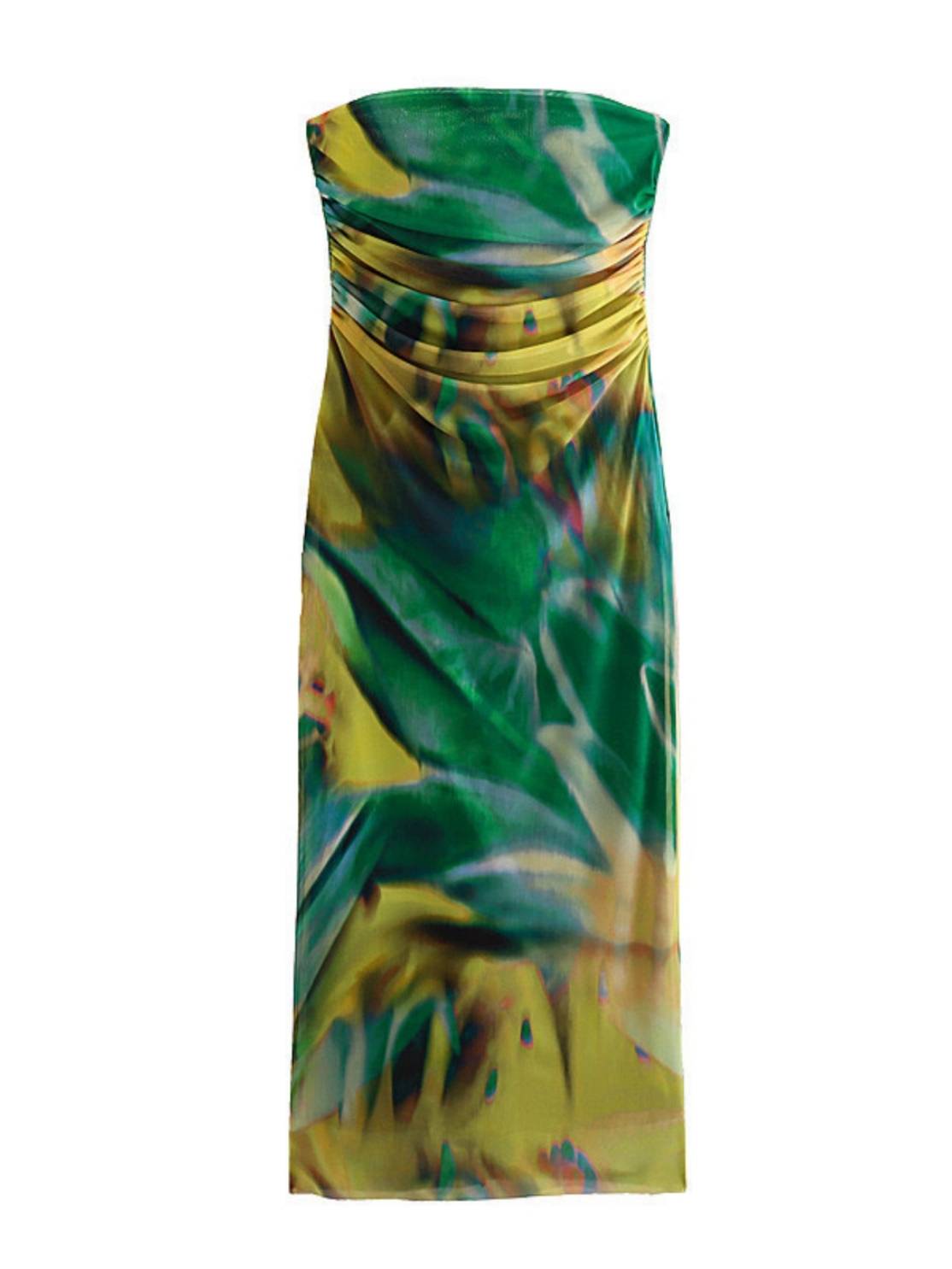 Slim Tube Top Dress With Pleated Printed Tulle