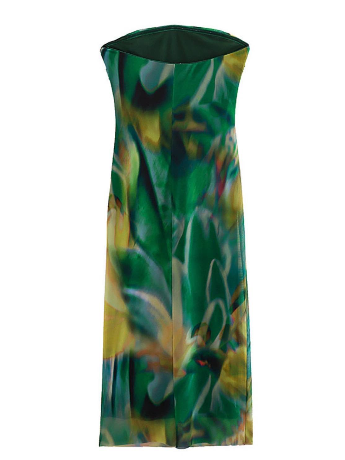 Slim Tube Top Dress With Pleated Printed Tulle