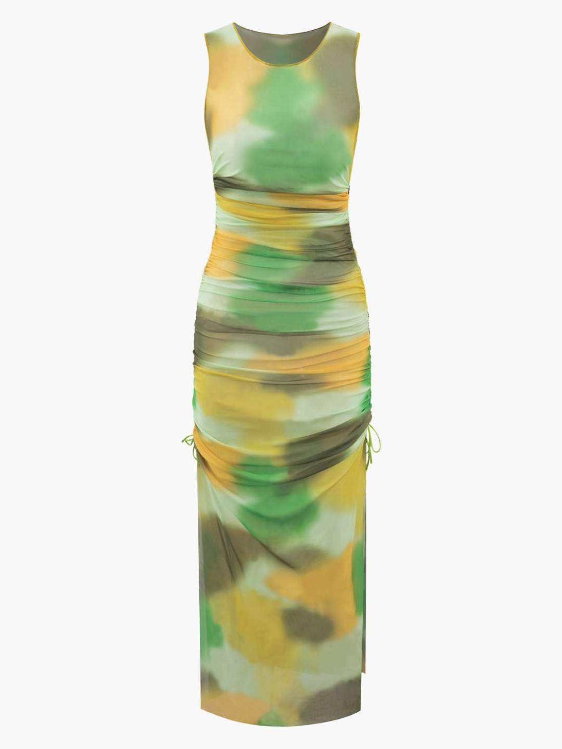 Printed Tulle Pleated Sleeveless Mid-length Dress