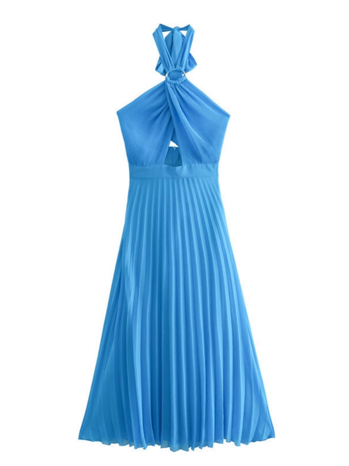 Pleated Style Halter Neck Long Dress