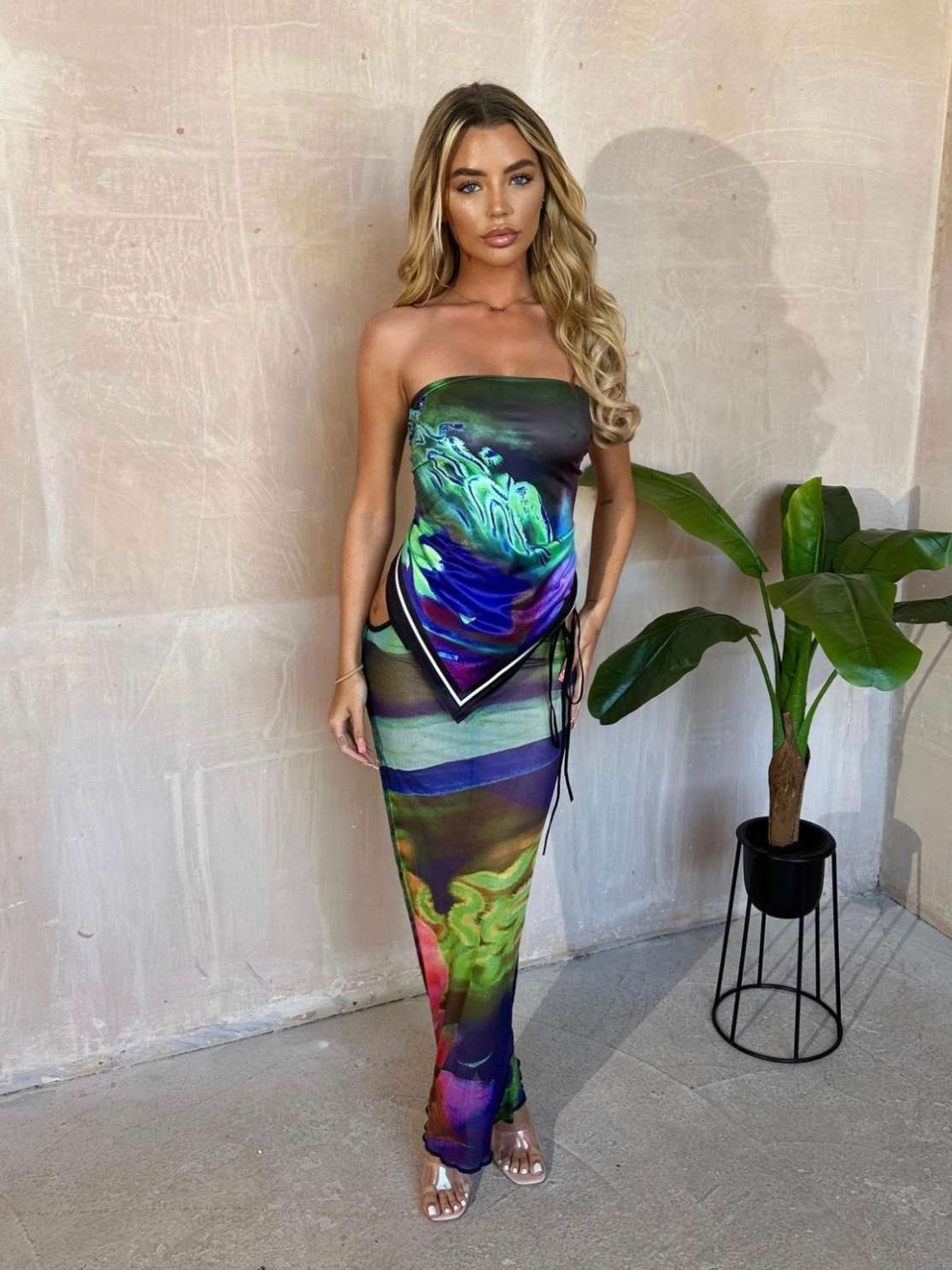 Print Halter Strap Tube Top See-through Mesh Skirt Suit 