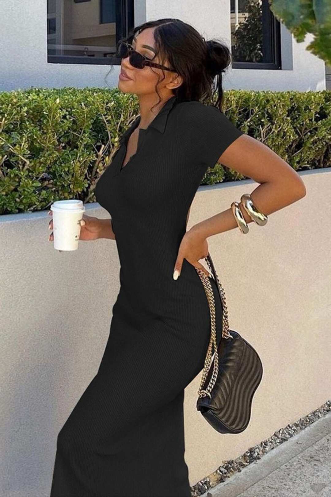 Lapel Short-sleeved Sexy Backless Fashion Slim Slit Dress