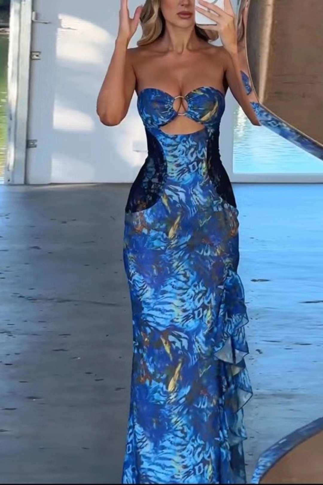 Chest-wrapped Sexy See-through Mesh Print Slit Dress