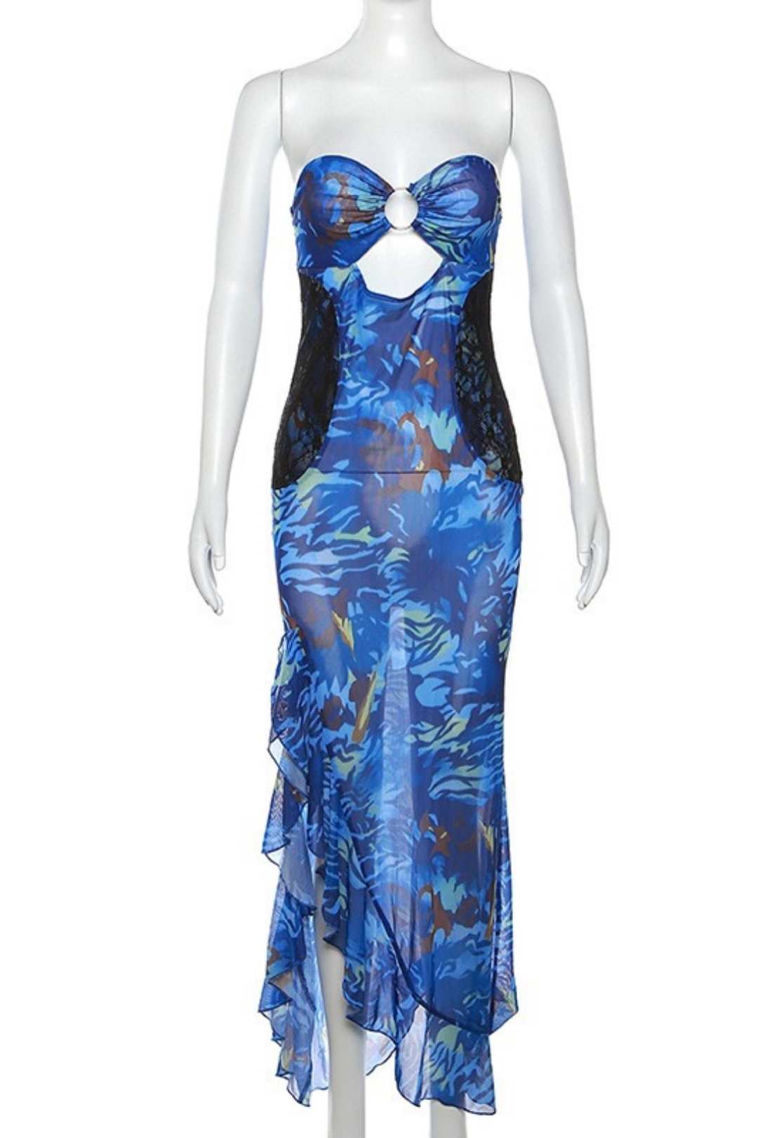 Chest-wrapped Sexy See-through Mesh Print Slit Dress