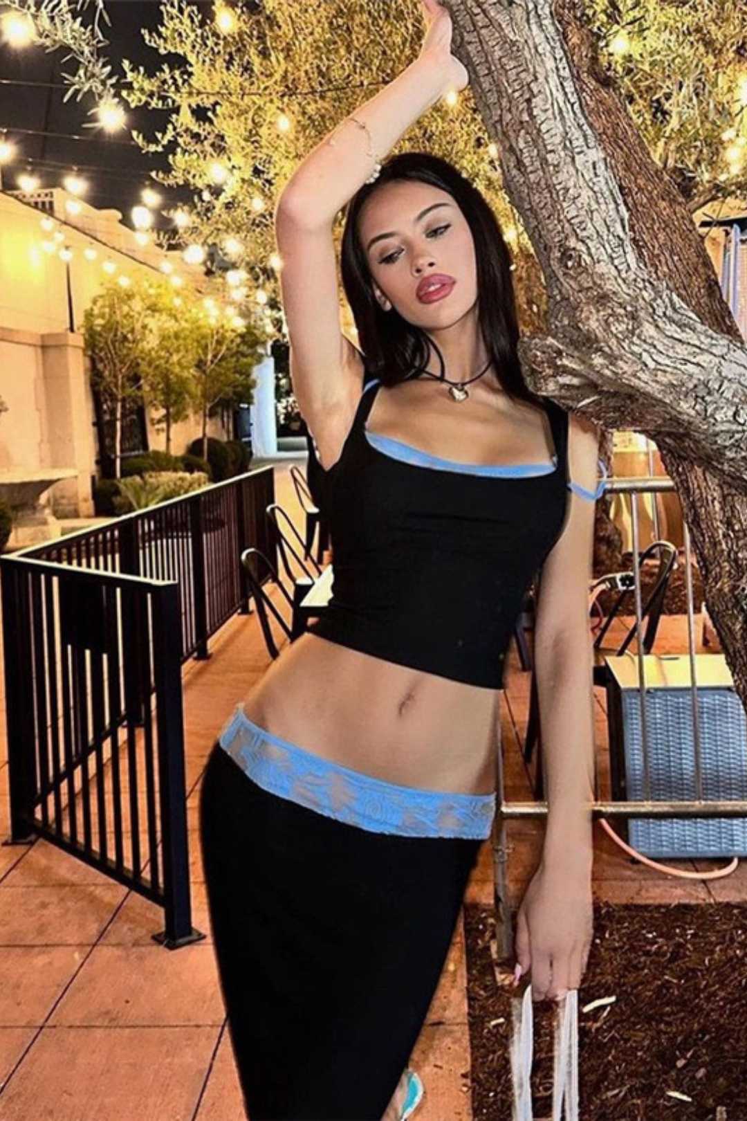 Summer Women's New Style Lace Splicing Camisole Vest Slim Slit Skirt Suit