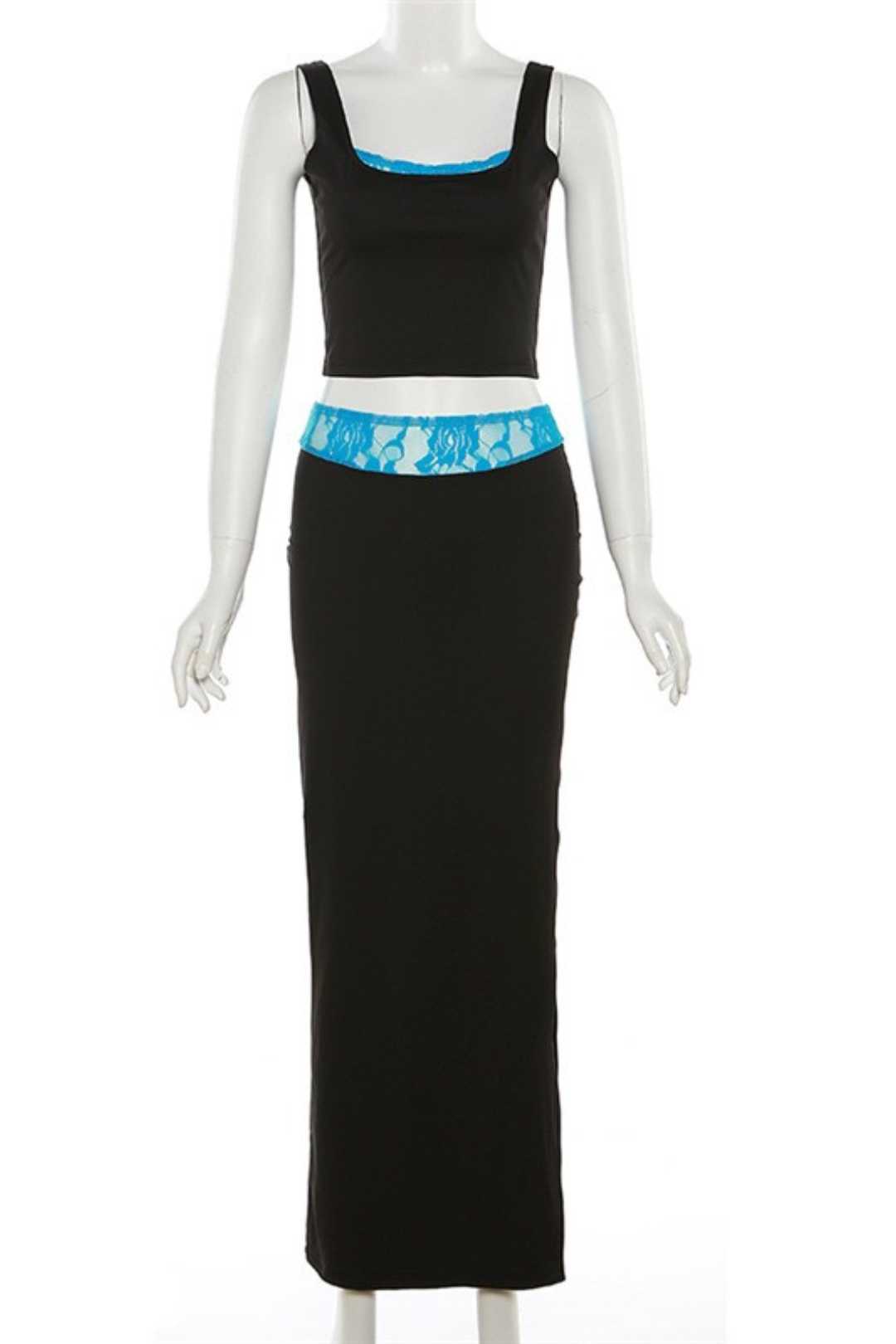 Summer Women's New Style Lace Splicing Camisole Vest Slim Slit Skirt Suit