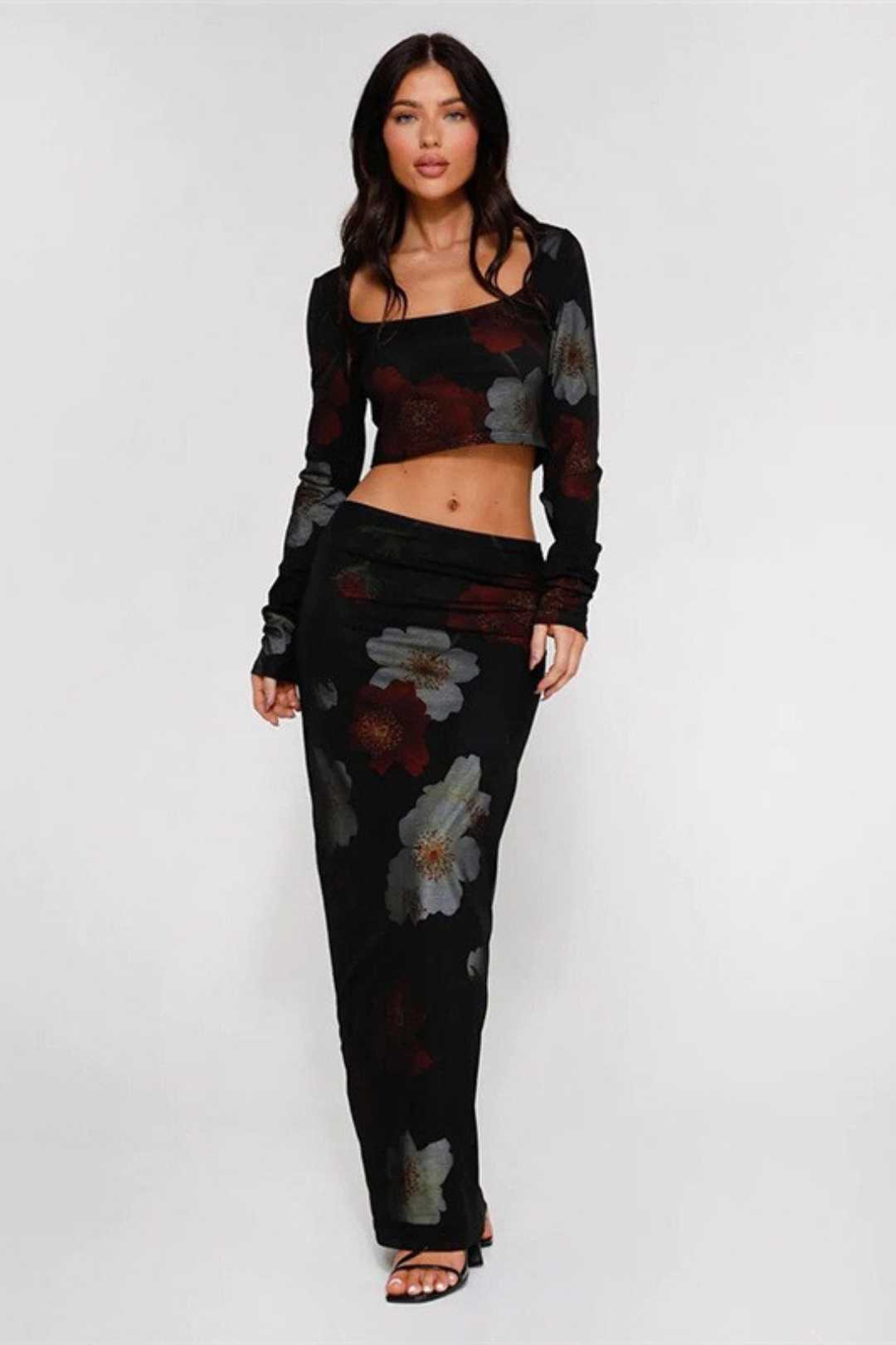 Printed Square Neck Long-sleeved Short T-shirt Slimming High-waist Skirt Suit