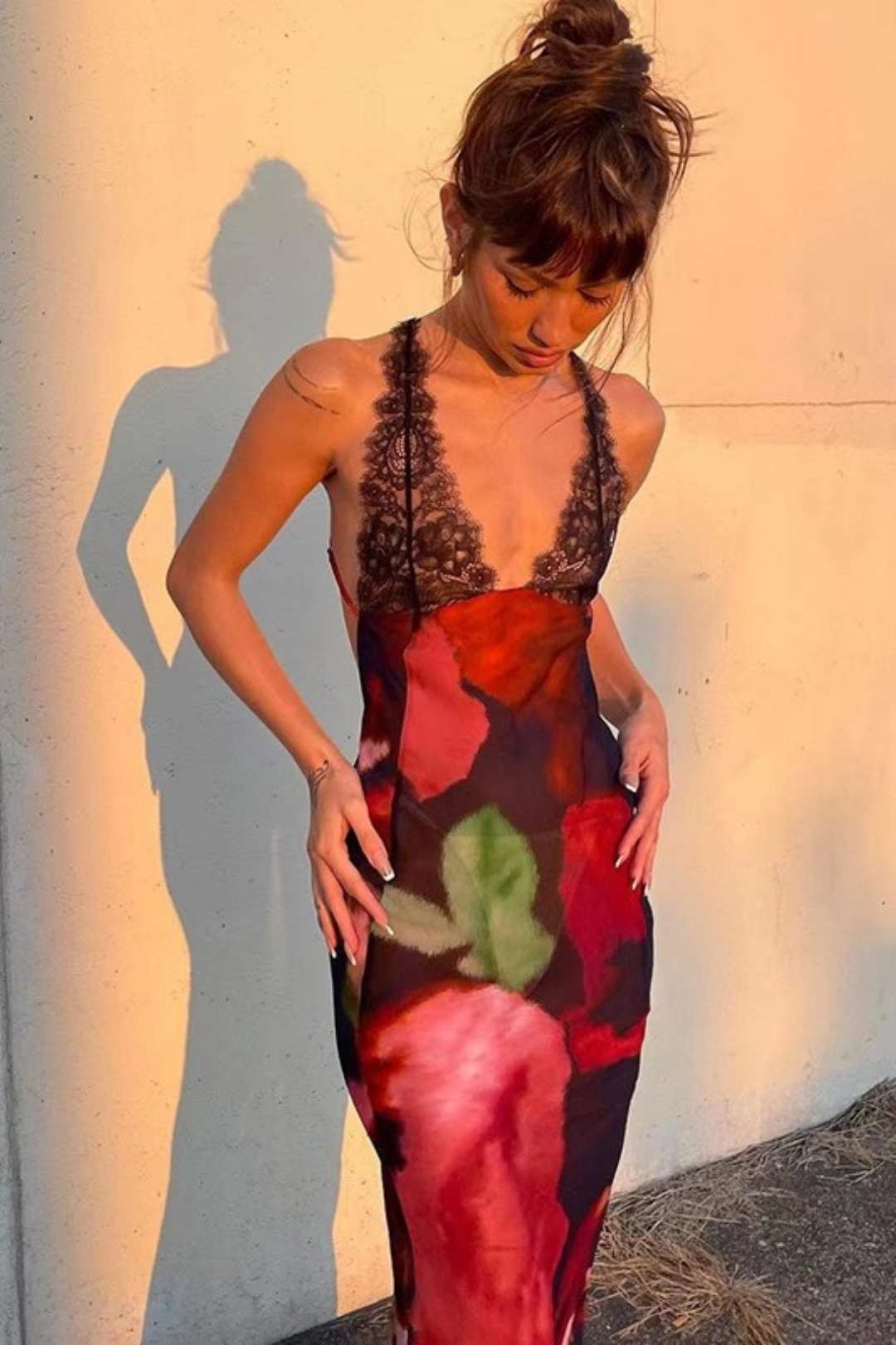 Lace Suspenders Sexy Backless Slim Printed Dress