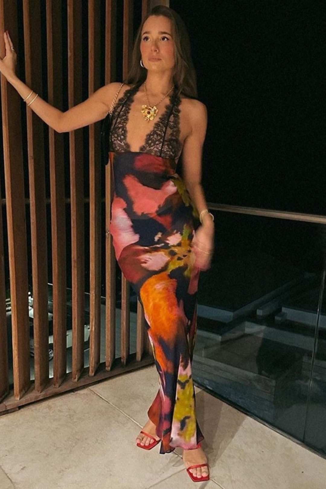 Lace Suspenders Sexy Backless Slim Printed Dress