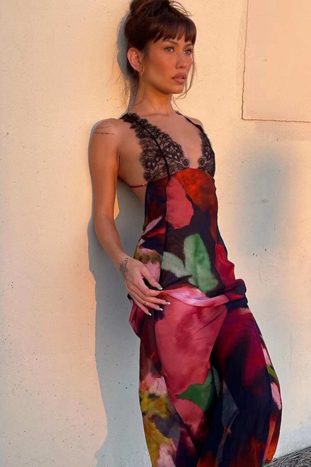 Lace Suspenders Sexy Backless Slim Printed Dress