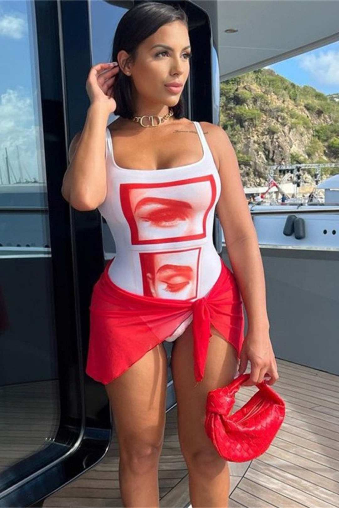 Printed One-line Collar Slim T-shirt Mesh Skirt Casual Suit