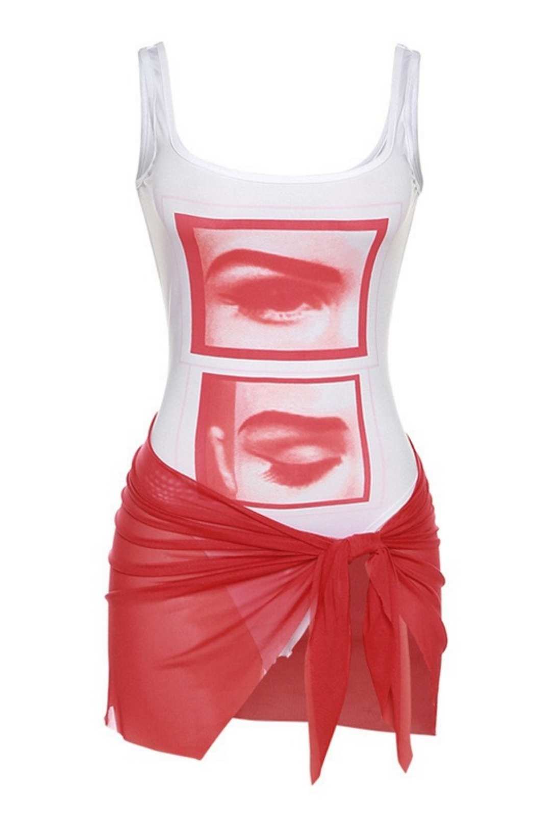 Printed One-line Collar Slim T-shirt Mesh Skirt Casual Suit