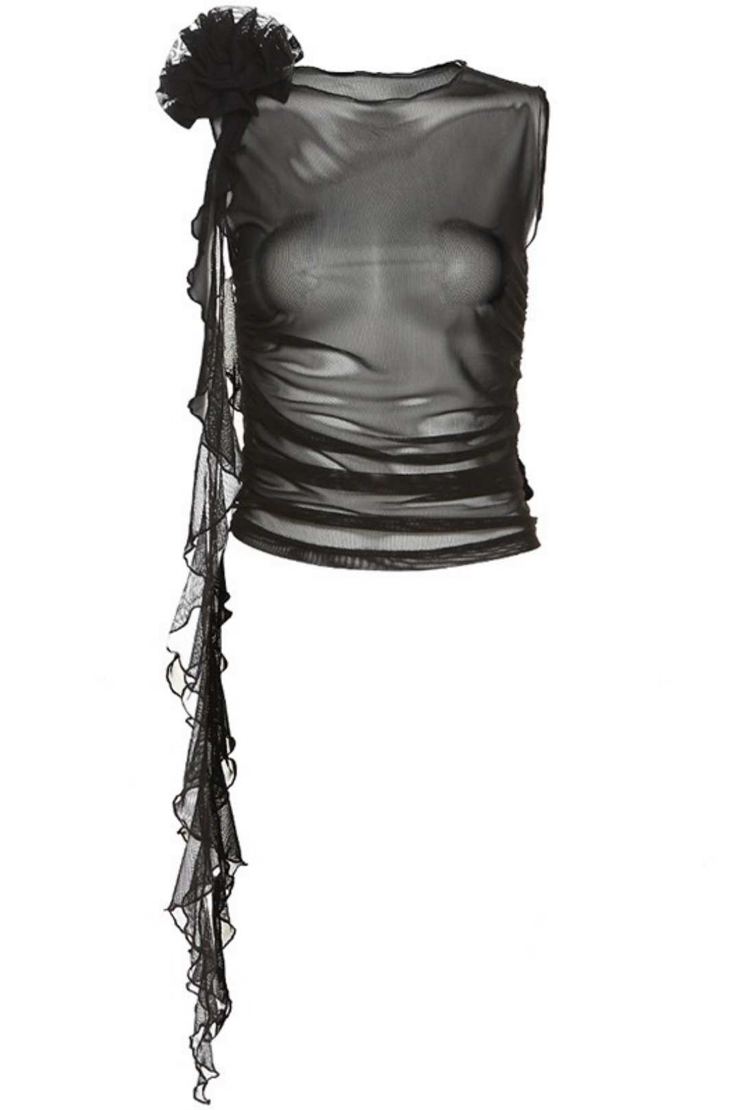 Round Neck Three-dimensional Flower See-through Mesh Slim Fit T-shirt