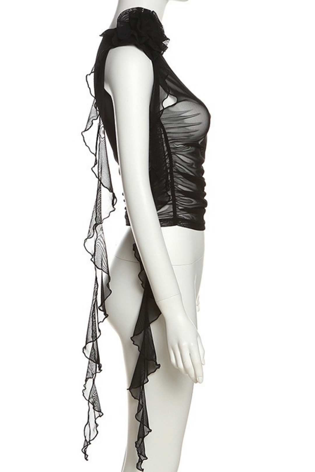 Round Neck Three-dimensional Flower See-through Mesh Slim Fit T-shirt