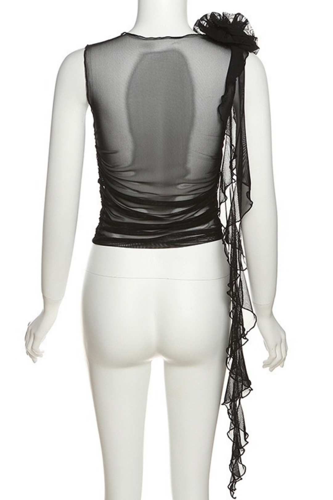 Round Neck Three-dimensional Flower See-through Mesh Slim Fit T-shirt