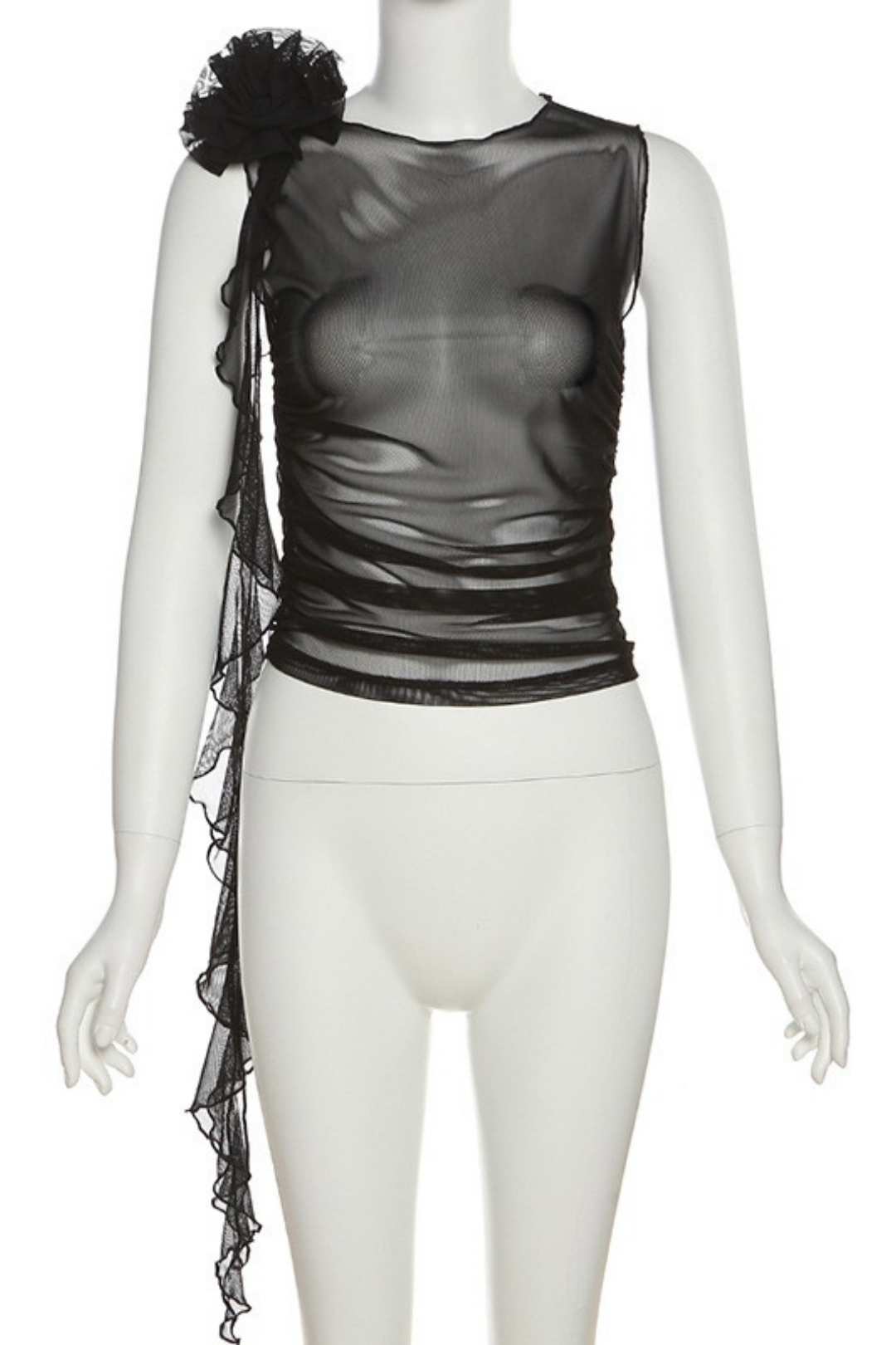 Round Neck Three-dimensional Flower See-through Mesh Slim Fit T-shirt