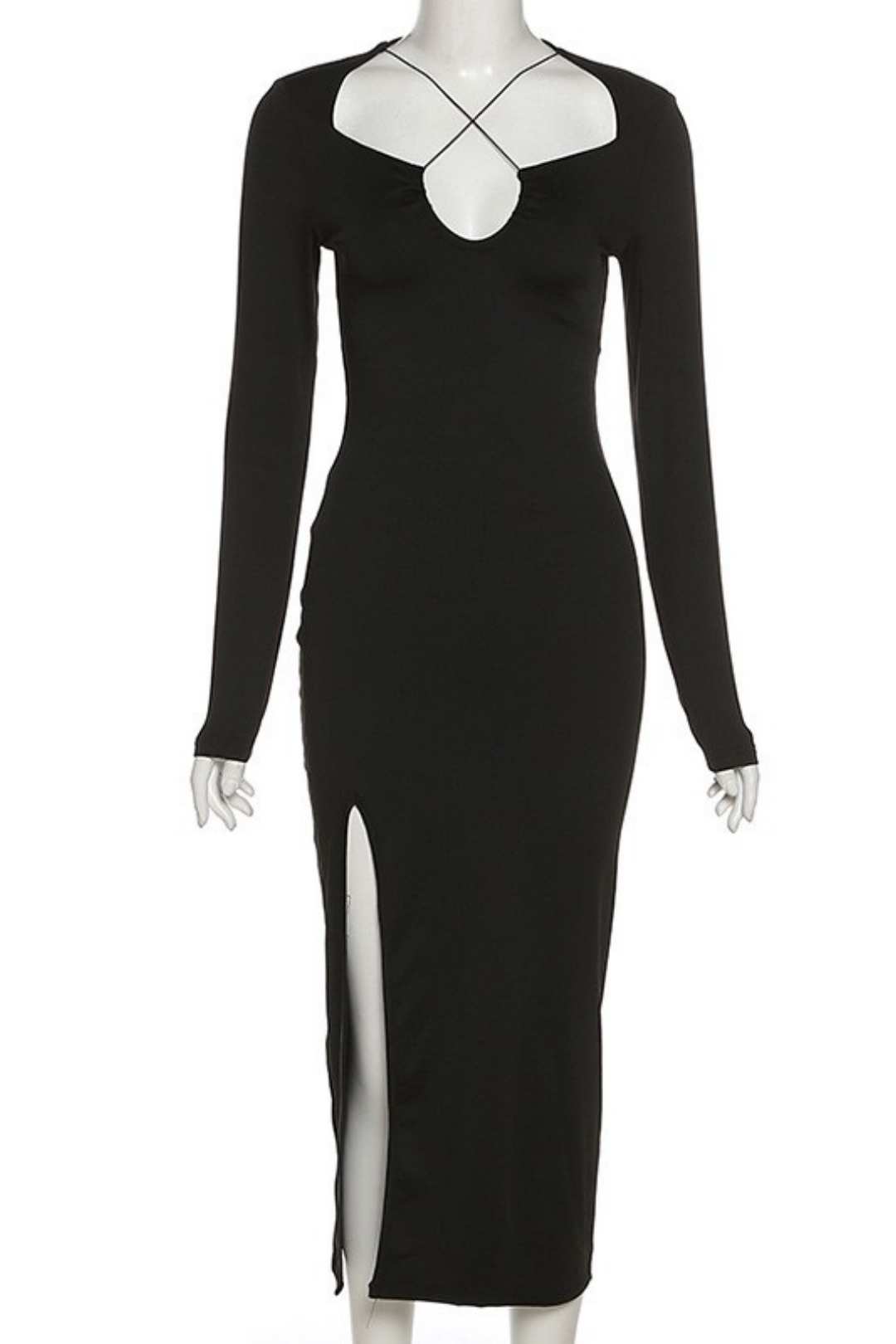 Long-sleeved Sexy Hollow Low-cut Slim-fit Slit Dress