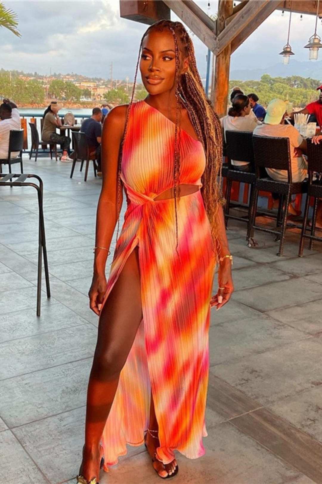 Sexy Oblique Shoulder Hollow Slim Slit Printed Dress