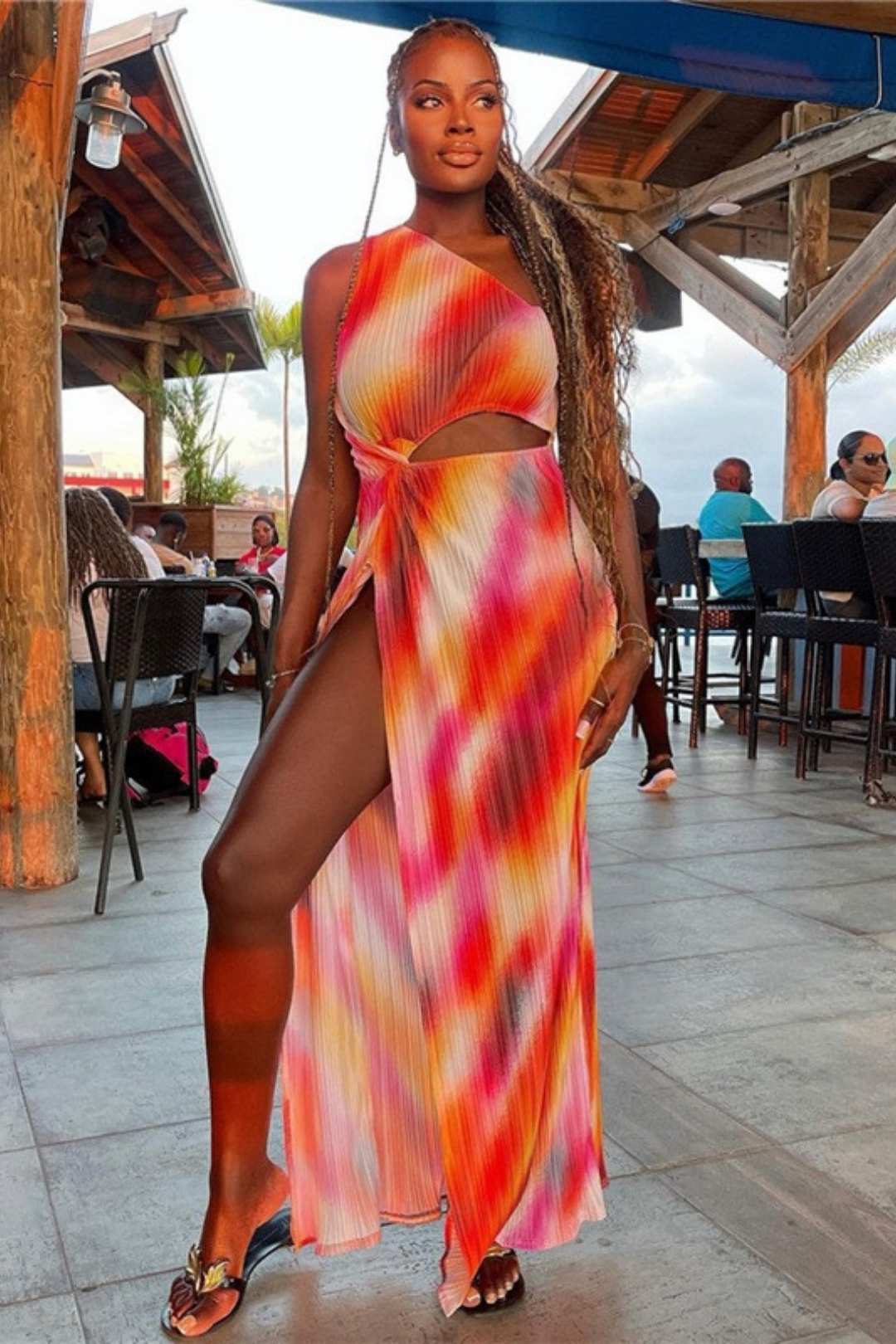 Sexy Oblique Shoulder Hollow Slim Slit Printed Dress