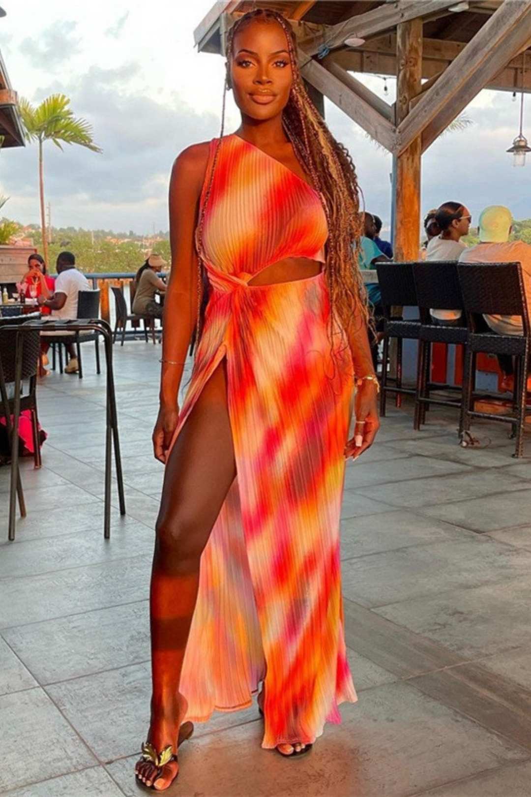 Sexy Oblique Shoulder Hollow Slim Slit Printed Dress